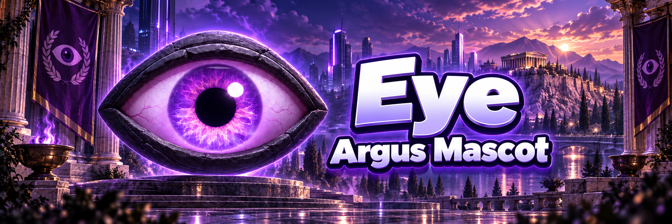 Argus Mascot banner, a giant violet eye before a night city and temple ridge